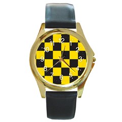 Checkerboard Pattern Black And Yellow Ancap Libertarian Round Gold Metal Watch by snek