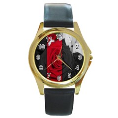 Roses Rouge Fleurs Round Gold Metal Watch by kcreatif