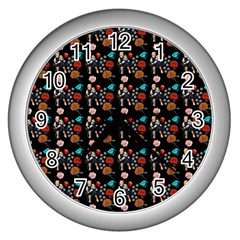 Retro Girls Dress In Black Pattern Black Wall Clock (silver) by snowwhitegirl