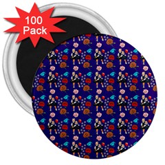 Retro Girls Dress In Black Pattern Blue 3  Magnets (100 Pack) by snowwhitegirl