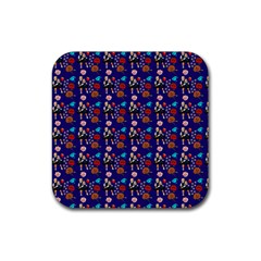 Retro Girls Dress In Black Pattern Blue Rubber Coaster (square)  by snowwhitegirl