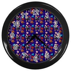 Retro Girls Dress In Black Pattern Blue Wall Clock (black) by snowwhitegirl