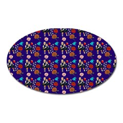 Retro Girls Dress In Black Pattern Blue Oval Magnet by snowwhitegirl