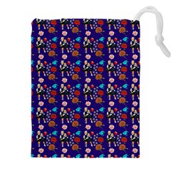 Retro Girls Dress In Black Pattern Blue Drawstring Pouch (5xl) by snowwhitegirl