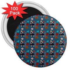 Retro Girls Dress In Black Pattern Blue Teal 3  Magnets (100 Pack) by snowwhitegirl