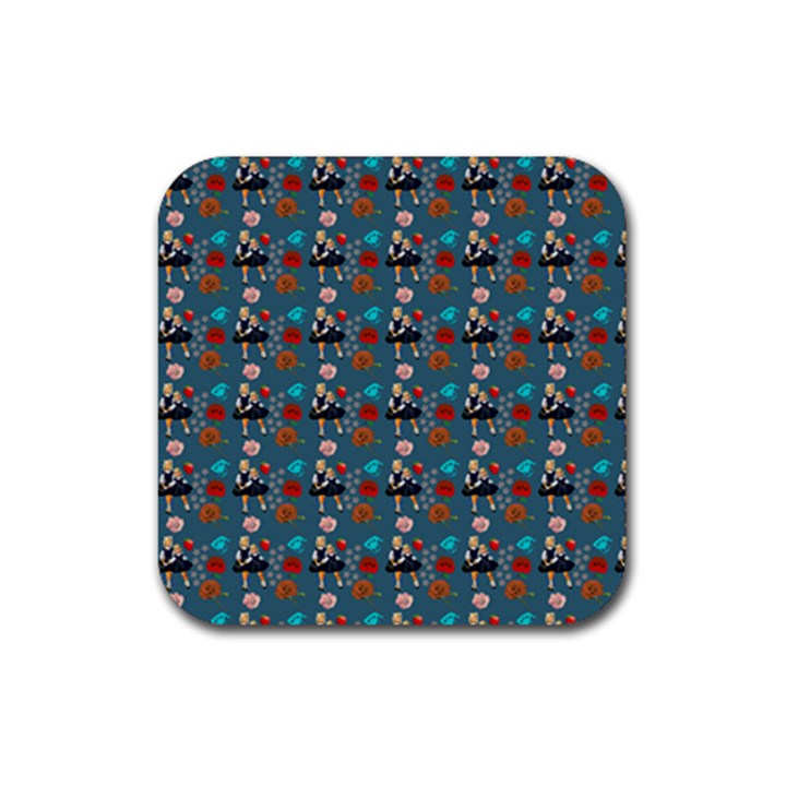 Retro Girls Dress In Black Pattern Blue Teal Rubber Coaster (Square) 