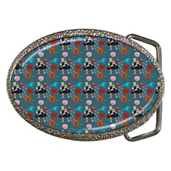 Retro Girls Dress In Black Pattern Blue Teal Belt Buckles by snowwhitegirl