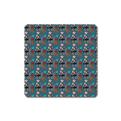 Retro Girls Dress In Black Pattern Blue Teal Square Magnet by snowwhitegirl