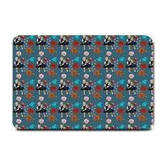 Retro Girls Dress In Black Pattern Blue Teal Small Doormat  by snowwhitegirl