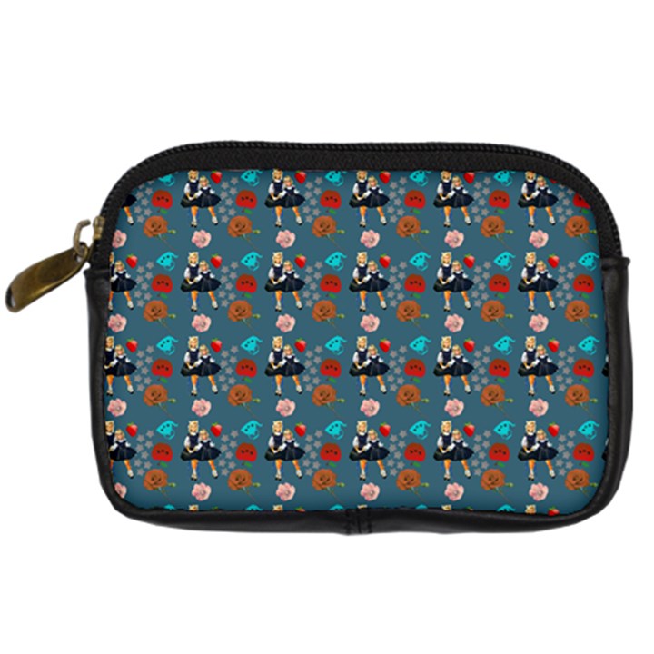 Retro Girls Dress In Black Pattern Blue Teal Digital Camera Leather Case