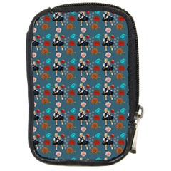 Retro Girls Dress In Black Pattern Blue Teal Compact Camera Leather Case by snowwhitegirl