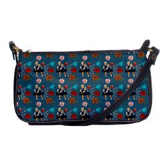 Retro Girls Dress In Black Pattern Blue Teal Shoulder Clutch Bag by snowwhitegirl