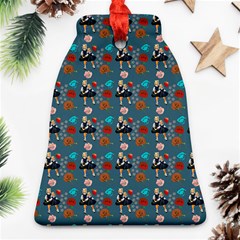 Retro Girls Dress In Black Pattern Blue Teal Bell Ornament (two Sides) by snowwhitegirl