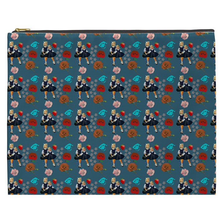 Retro Girls Dress In Black Pattern Blue Teal Cosmetic Bag (XXXL)