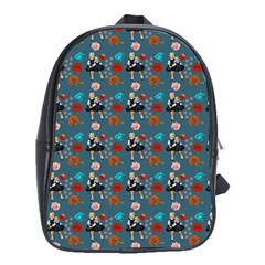 Retro Girls Dress In Black Pattern Blue Teal School Bag (xl) by snowwhitegirl