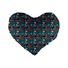 Retro Girls Dress In Black Pattern Blue Teal Standard 16  Premium Heart Shape Cushions by snowwhitegirl