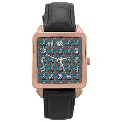 Retro Girls Dress In Black Pattern Blue Teal Rose Gold Leather Watch 