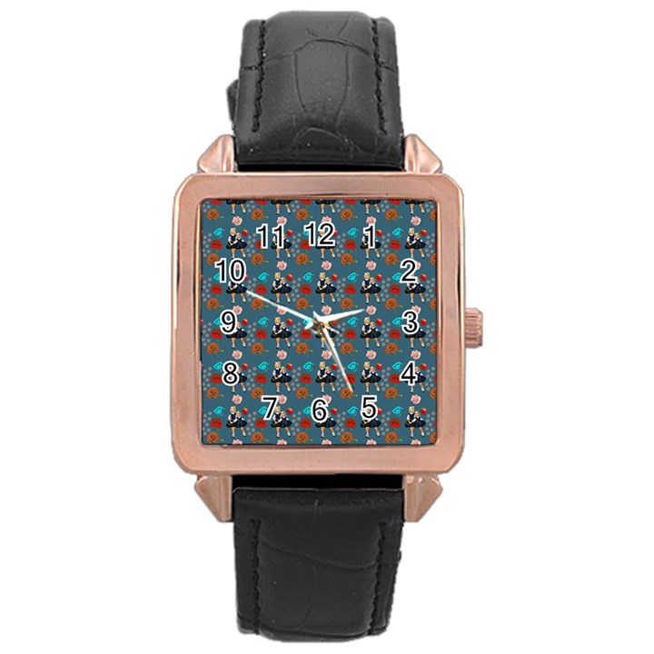 Retro Girls Dress In Black Pattern Blue Teal Rose Gold Leather Watch 