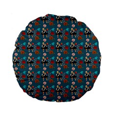 Retro Girls Dress In Black Pattern Blue Teal Standard 15  Premium Flano Round Cushions by snowwhitegirl