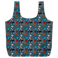 Retro Girls Dress In Black Pattern Blue Teal Full Print Recycle Bag (xxl) by snowwhitegirl