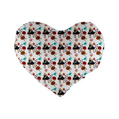 Retro Girls Dress In Black Pattern White Standard 16  Premium Heart Shape Cushions by snowwhitegirl