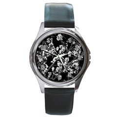 Fleurs De Cerisier Noir & Blanc Round Metal Watch by kcreatif