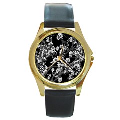 Fleurs De Cerisier Noir & Blanc Round Gold Metal Watch by kcreatif