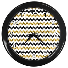 Black And Gold Glitters Zigzag Retro Pattern Golden Metallic Texture Wall Clock (black) by genx