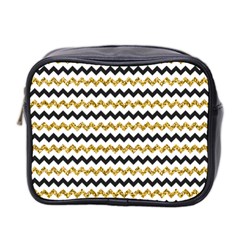 Black And Gold Glitters Zigzag Retro Pattern Golden Metallic Texture Mini Toiletries Bag (two Sides) by genx