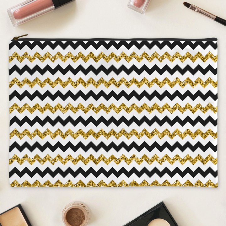 Black and Gold Glitters Zigzag Retro Pattern Golden metallic texture Cosmetic Bag (XXXL)