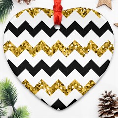 Black And Gold Glitters Zigzag Retro Pattern Golden Metallic Texture Heart Ornament (two Sides) by genx