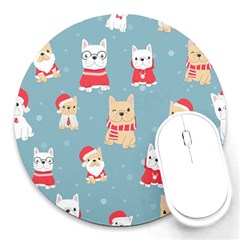 Cute French Bulldog Puppy Dog Christmas Costume Seamless Pattern Round Mousepads by Vaneshart