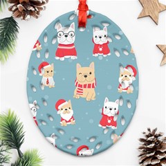 Cute French Bulldog Puppy Dog Christmas Costume Seamless Pattern Ornament (oval Filigree) by Vaneshart