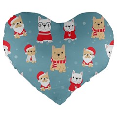 Cute French Bulldog Puppy Dog Christmas Costume Seamless Pattern Large 19  Premium Flano Heart Shape Cushions by Vaneshart