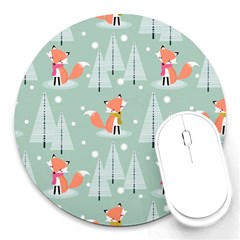 Cute Fox Christmas Winter Seamless Pattern Round Mousepads by Vaneshart