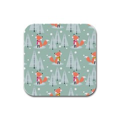 Cute Fox Christmas Winter Seamless Pattern Rubber Square Coaster (4 Pack)  by Vaneshart