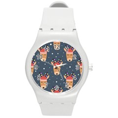 Cute Deer Heads Seamless Pattern Christmas Round Plastic Sport Watch (m) by Vaneshart