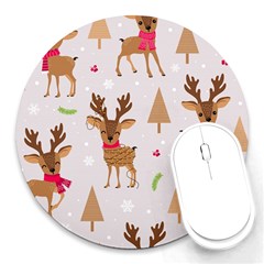 Christmas Seamless Pattern With Reindeer Round Mousepads by Vaneshart