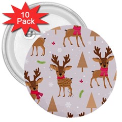 Christmas Seamless Pattern With Reindeer 3  Buttons (10 Pack)  by Vaneshart