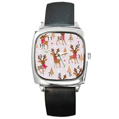 Christmas Seamless Pattern With Reindeer Square Metal Watch by Vaneshart