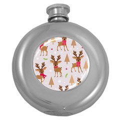 Christmas Seamless Pattern With Reindeer Round Hip Flask (5 Oz) by Vaneshart