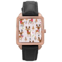 Christmas Seamless Pattern With Reindeer Rose Gold Leather Watch  by Vaneshart