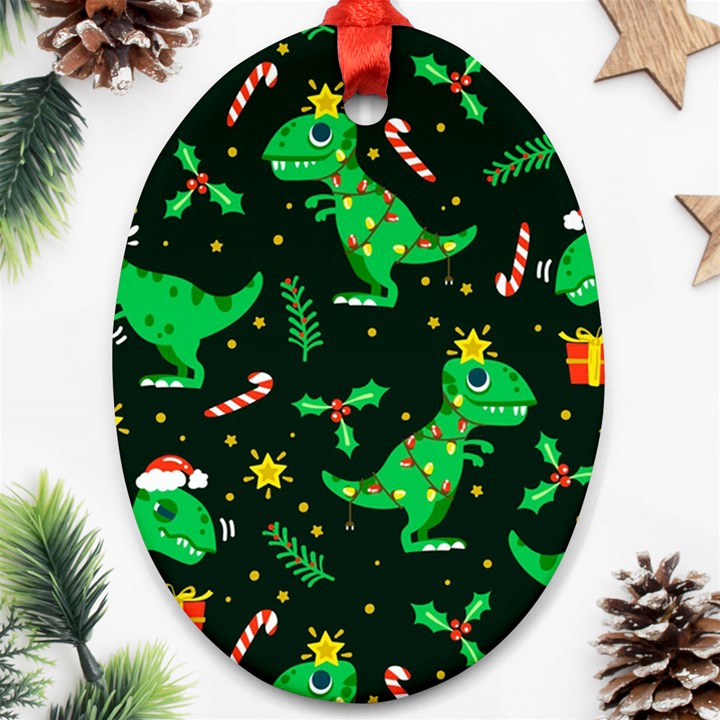 Christmas Funny Pattern Dinosaurs Oval Ornament (Two Sides)