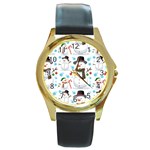 Christmas Snowman Seamless Pattern Round Gold Metal Watch Front