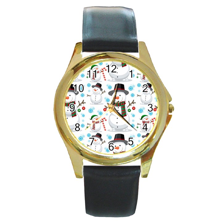 Christmas Snowman Seamless Pattern Round Gold Metal Watch