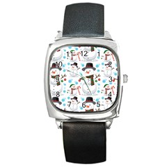 Christmas Snowman Seamless Pattern Square Metal Watch by Vaneshart