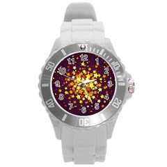 Colorful Confetti Stars Paper Particles Scattering Randomly Dark Background With Explosion Golden St Round Plastic Sport Watch (l) by Vaneshart