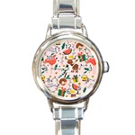 Colorful Funny Christmas Pattern Merry Xmas Round Italian Charm Watch Front