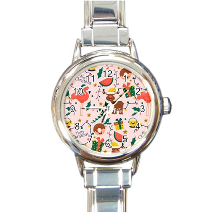 Colorful Funny Christmas Pattern Merry Xmas Round Italian Charm Watch