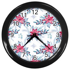 Watercolor Christmas Floral Seamless Pattern Wall Clock (black) by Vaneshart